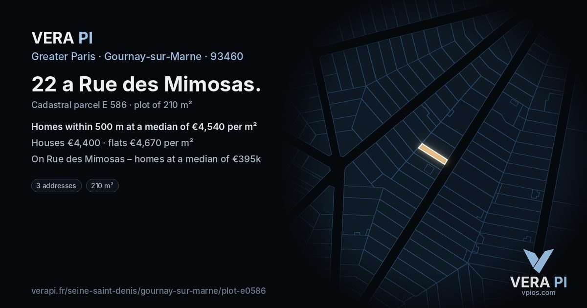 22 a Rue des Mimosas, Gournay-sur-Marne at night – the plot lit, the parcels around coloured by the prices near them