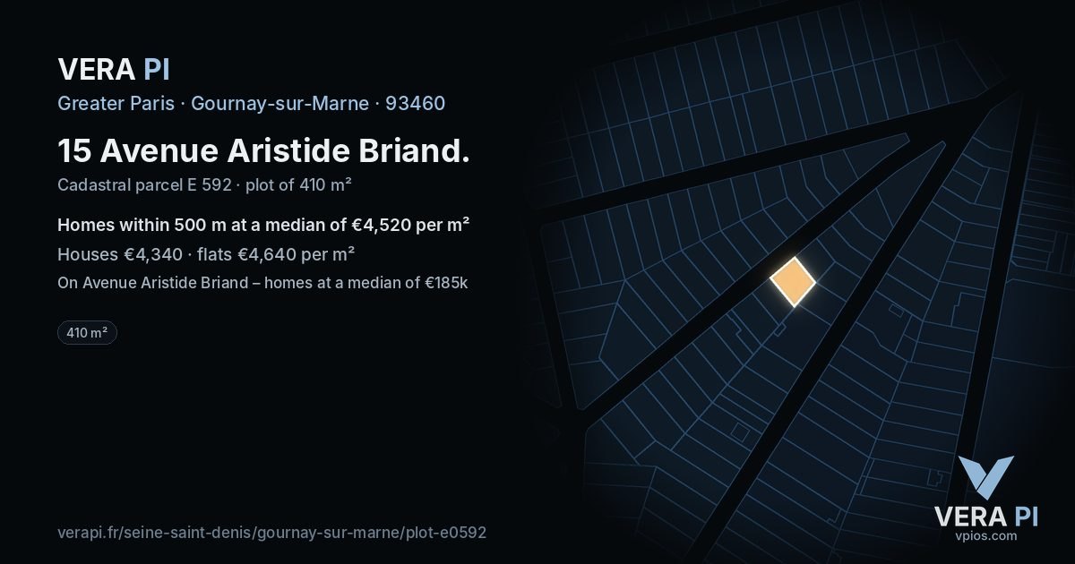 15 Avenue Aristide Briand, Gournay-sur-Marne at night – the plot lit, the parcels around coloured by the prices near them