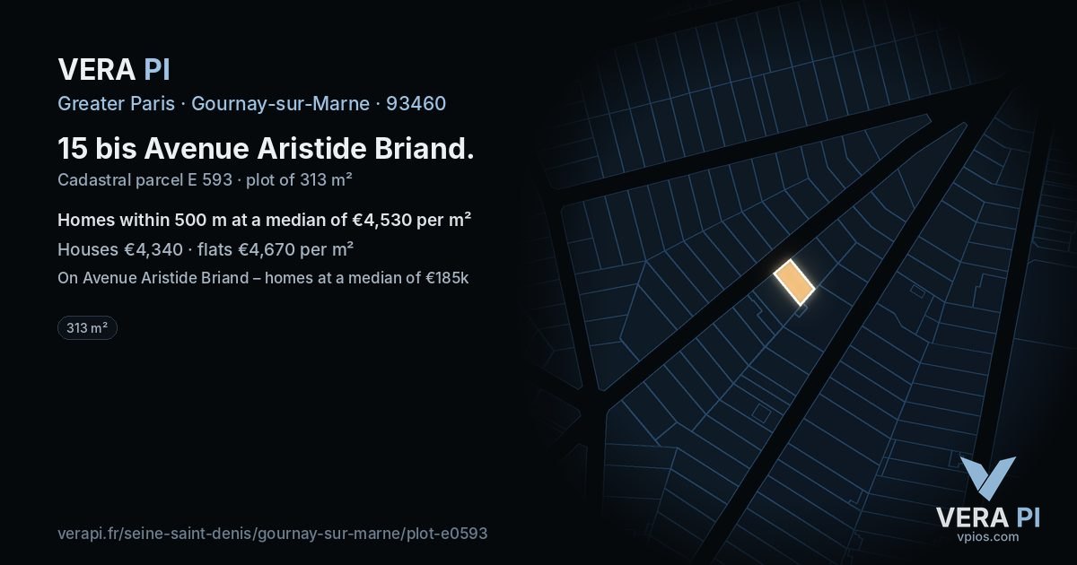 15 bis Avenue Aristide Briand, Gournay-sur-Marne at night – the plot lit, the parcels around coloured by the prices near them
