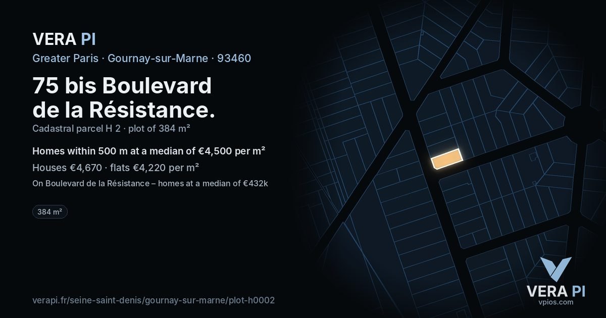 75 bis Boulevard de la Résistance, Gournay-sur-Marne at night – the plot lit, the parcels around coloured by the prices near them