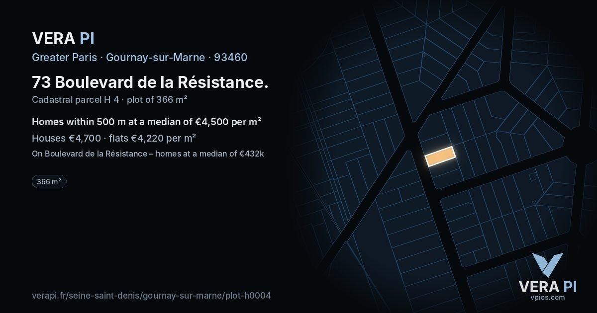 73 Boulevard de la Résistance, Gournay-sur-Marne at night – the plot lit, the parcels around coloured by the prices near them