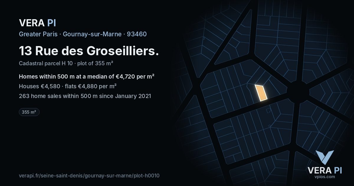 13 Rue des Groseilliers, Gournay-sur-Marne at night – the plot lit, the parcels around coloured by the prices near them