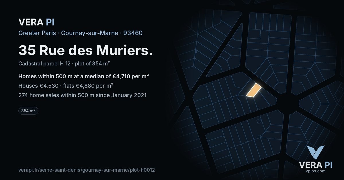 35 Rue des Muriers, Gournay-sur-Marne at night – the plot lit, the parcels around coloured by the prices near them