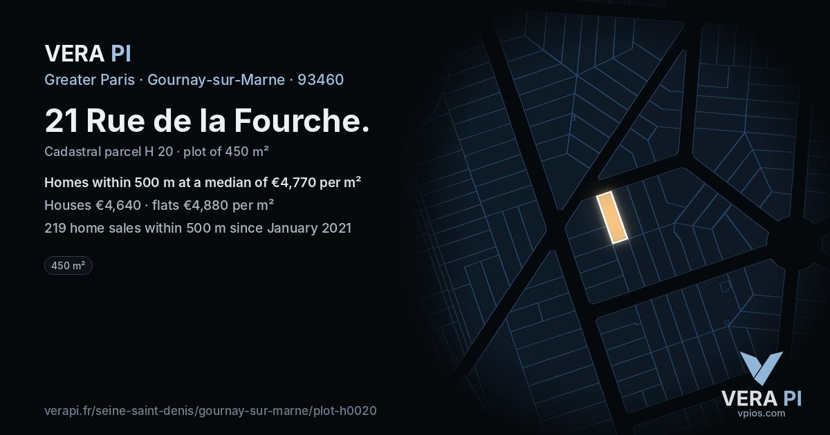 21 Rue de la Fourche, Gournay-sur-Marne at night – the plot lit, the parcels around coloured by the prices near them