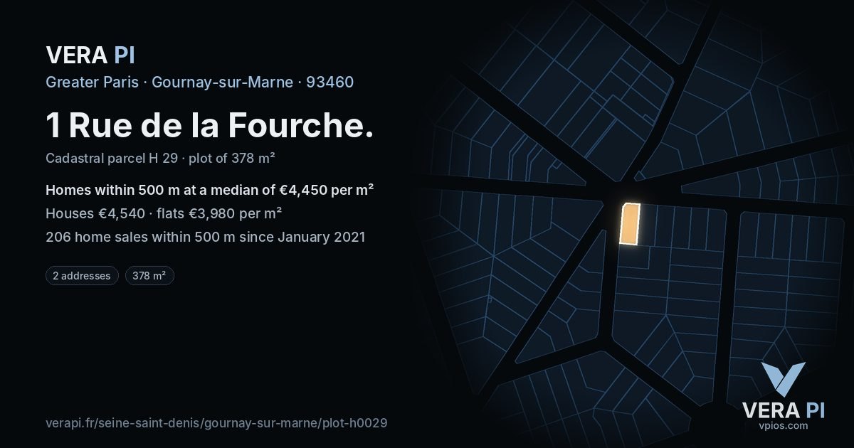 1 Rue de la Fourche, Gournay-sur-Marne at night – the plot lit, the parcels around coloured by the prices near them