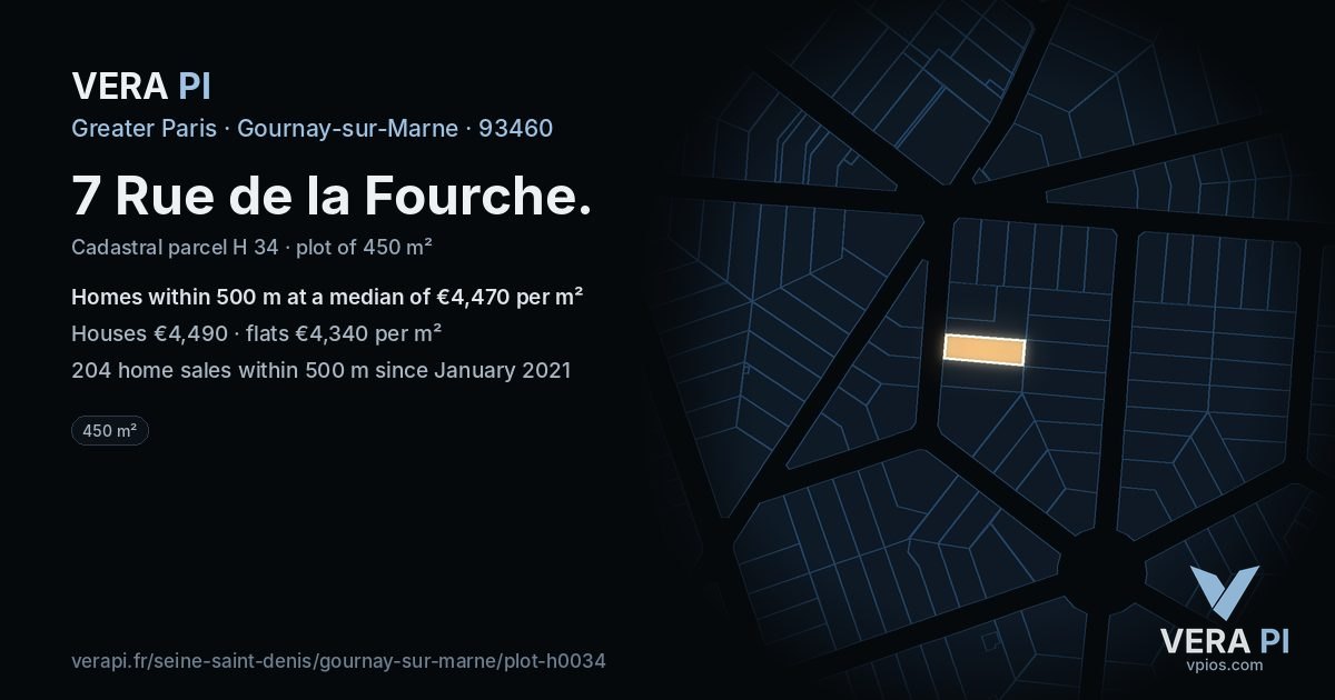7 Rue de la Fourche, Gournay-sur-Marne at night – the plot lit, the parcels around coloured by the prices near them