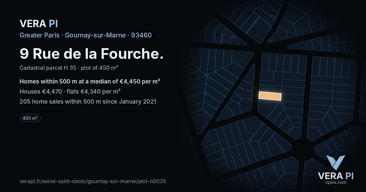 9 Rue de la Fourche, Gournay-sur-Marne at night – the plot lit, the parcels around coloured by the prices near them