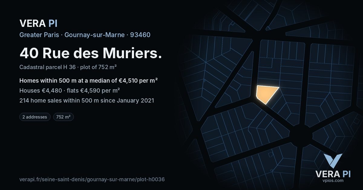 40 Rue des Muriers, Gournay-sur-Marne at night – the plot lit, the parcels around coloured by the prices near them