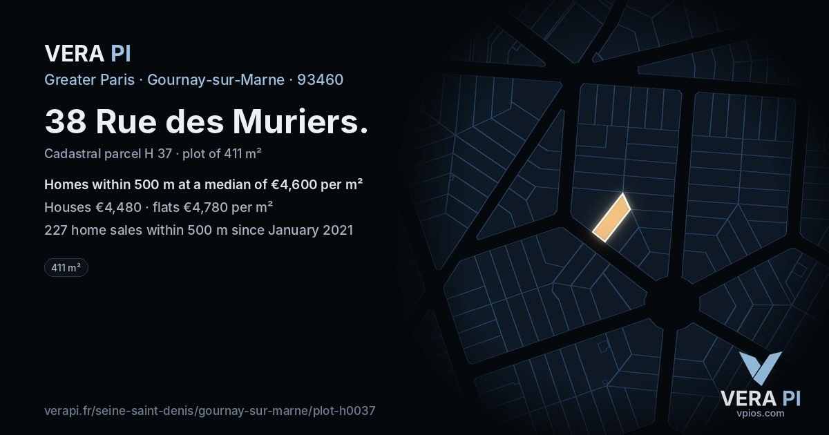 38 Rue des Muriers, Gournay-sur-Marne at night – the plot lit, the parcels around coloured by the prices near them