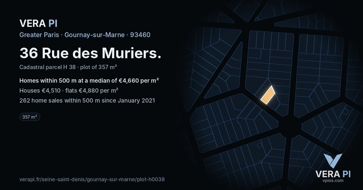 36 Rue des Muriers, Gournay-sur-Marne at night – the plot lit, the parcels around coloured by the prices near them