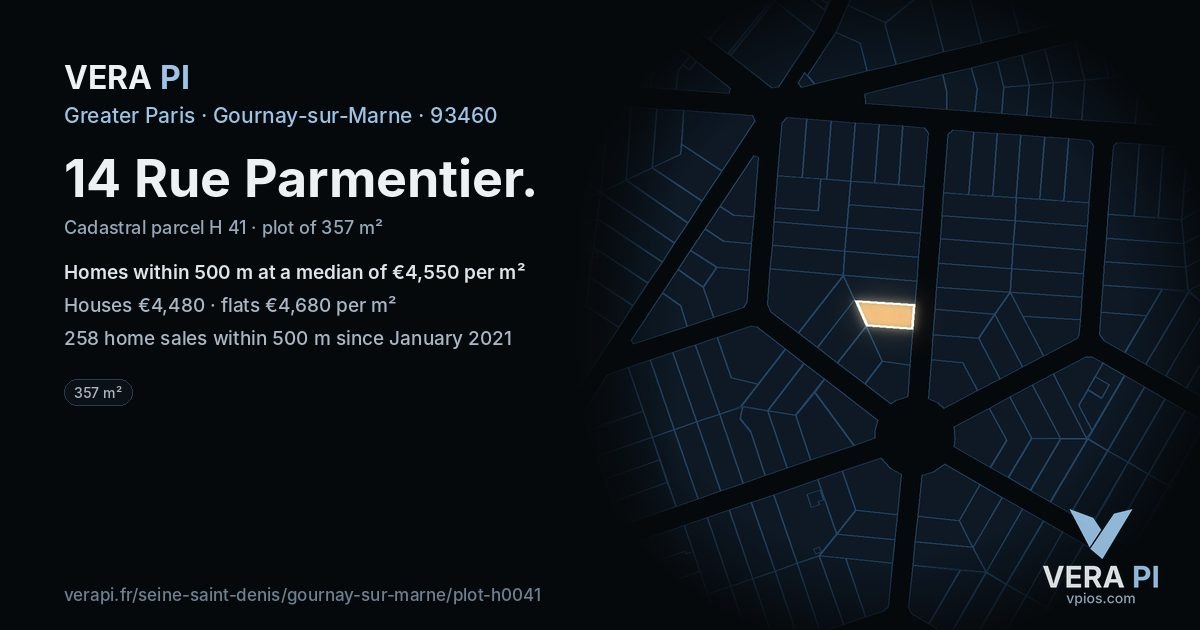 14 Rue Parmentier, Gournay-sur-Marne at night – the plot lit, the parcels around coloured by the prices near them