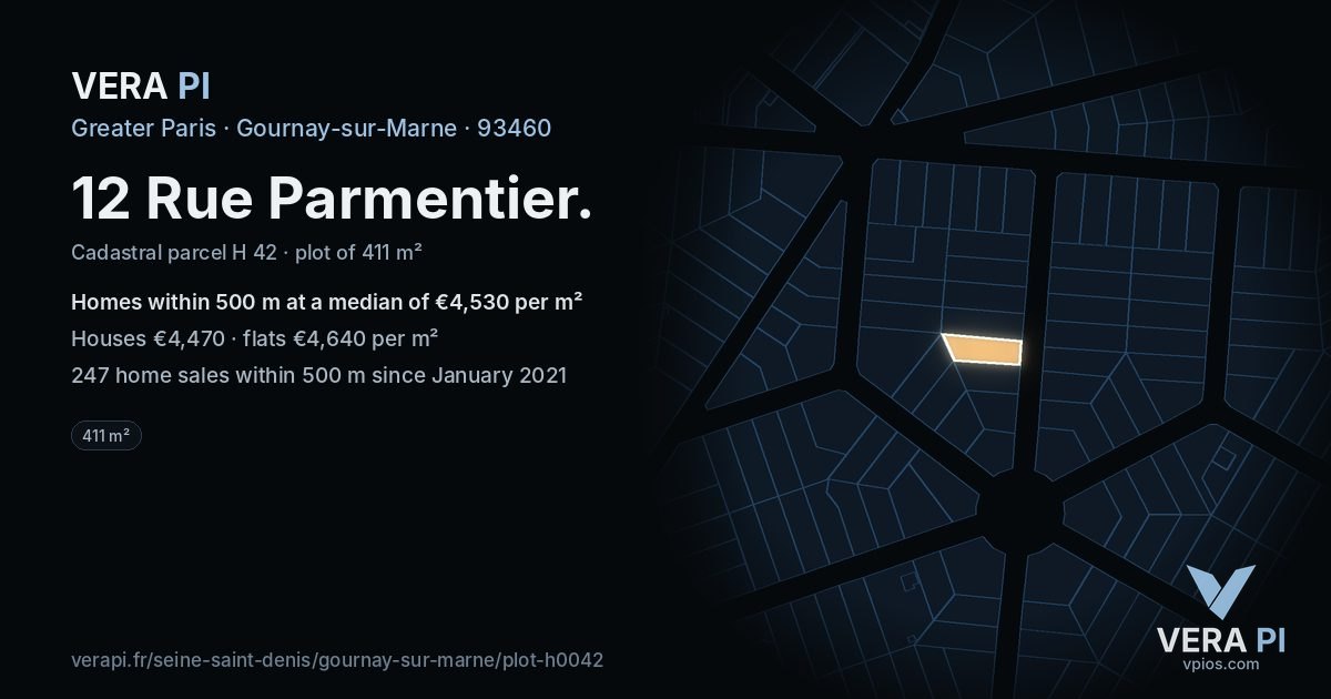 12 Rue Parmentier, Gournay-sur-Marne at night – the plot lit, the parcels around coloured by the prices near them