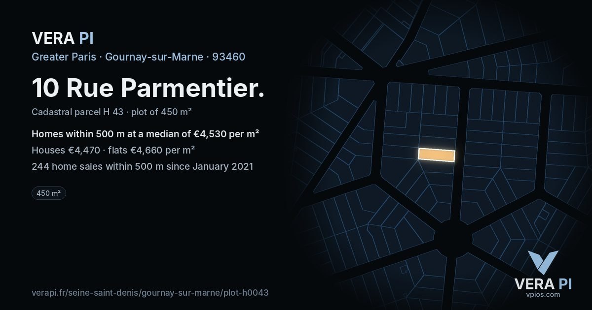 10 Rue Parmentier, Gournay-sur-Marne at night – the plot lit, the parcels around coloured by the prices near them