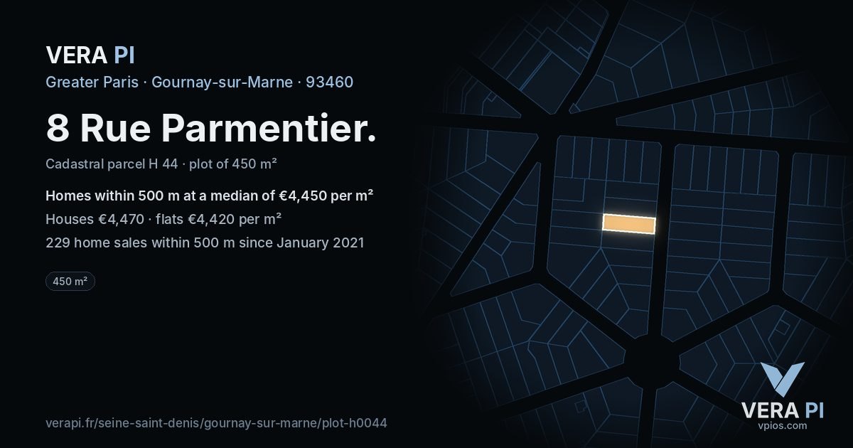 8 Rue Parmentier, Gournay-sur-Marne at night – the plot lit, the parcels around coloured by the prices near them