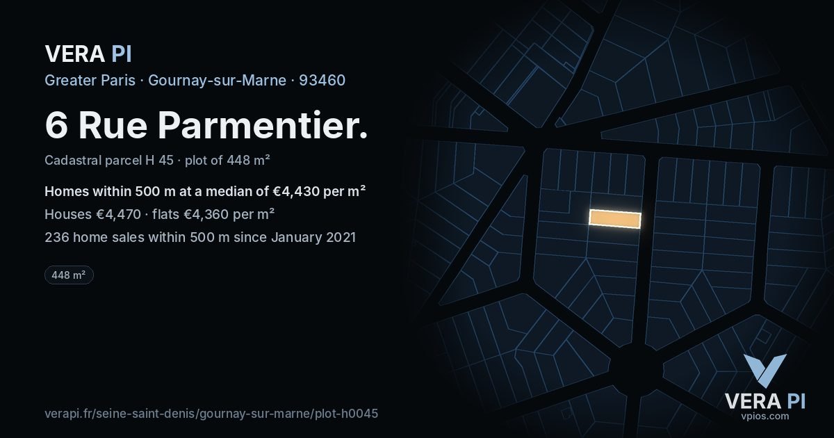6 Rue Parmentier, Gournay-sur-Marne at night – the plot lit, the parcels around coloured by the prices near them