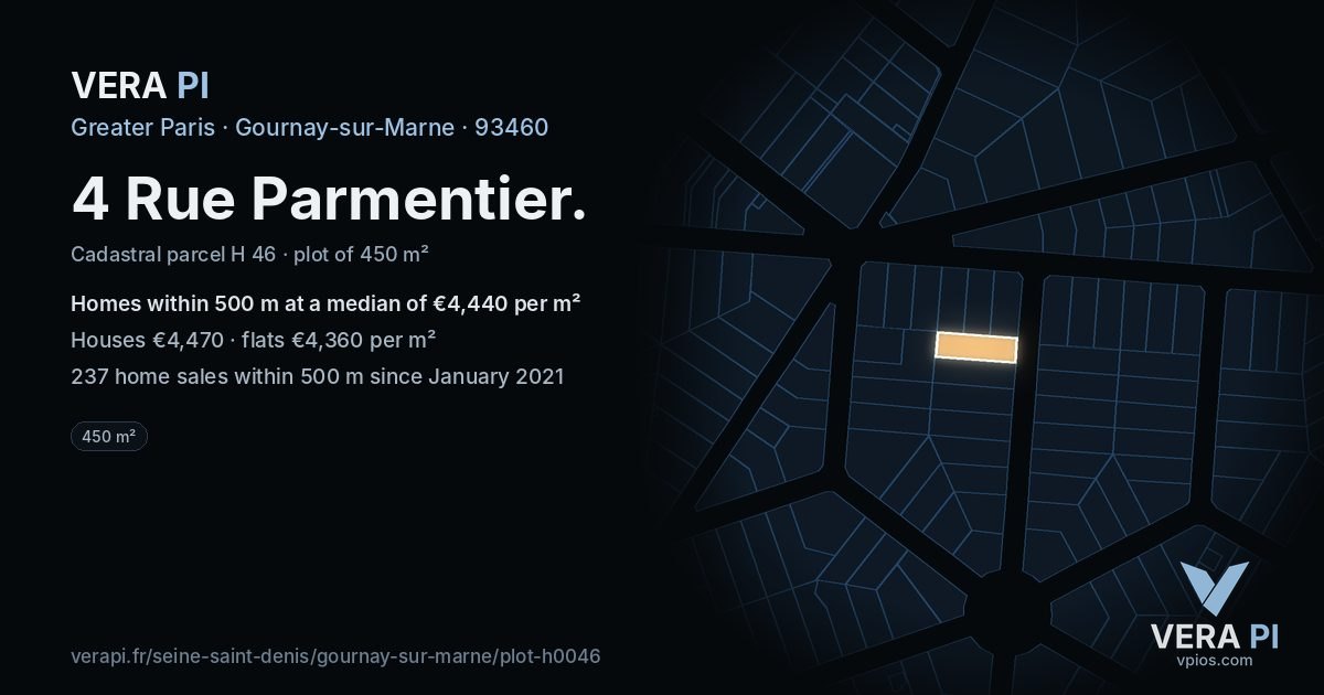 4 Rue Parmentier, Gournay-sur-Marne at night – the plot lit, the parcels around coloured by the prices near them