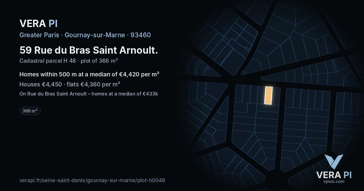 59 Rue du Bras Saint Arnoult, Gournay-sur-Marne at night – the plot lit, the parcels around coloured by the prices near them