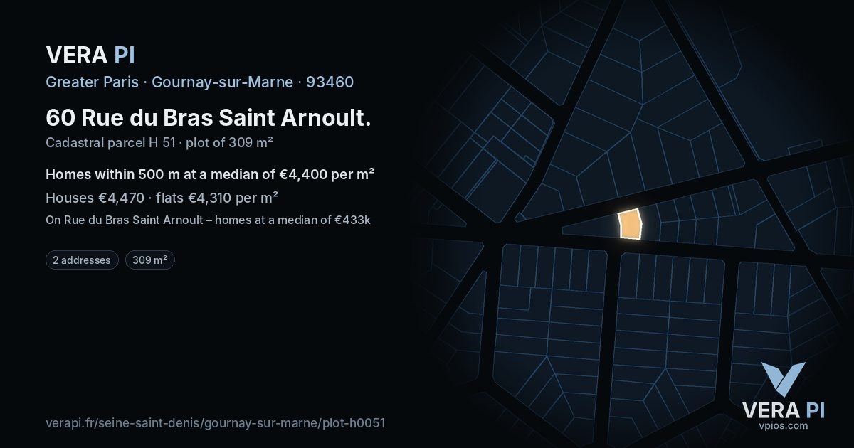 60 Rue du Bras Saint Arnoult, Gournay-sur-Marne at night – the plot lit, the parcels around coloured by the prices near them