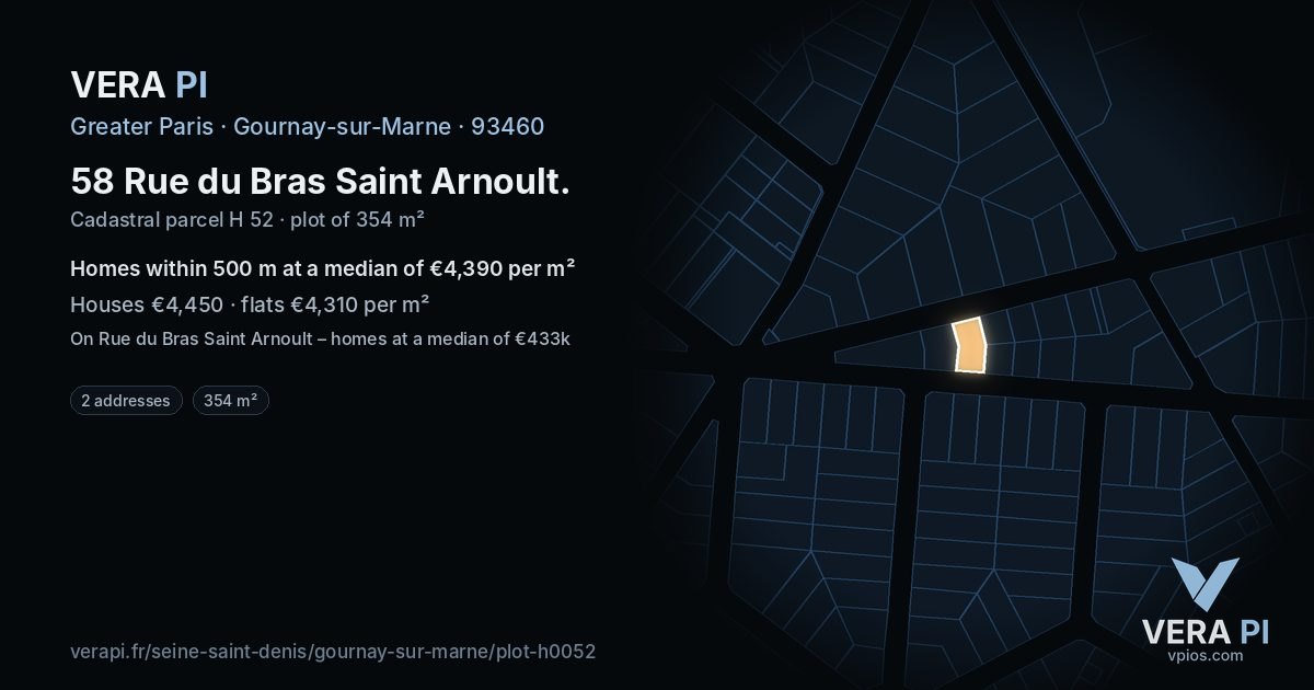 58 Rue du Bras Saint Arnoult, Gournay-sur-Marne at night – the plot lit, the parcels around coloured by the prices near them