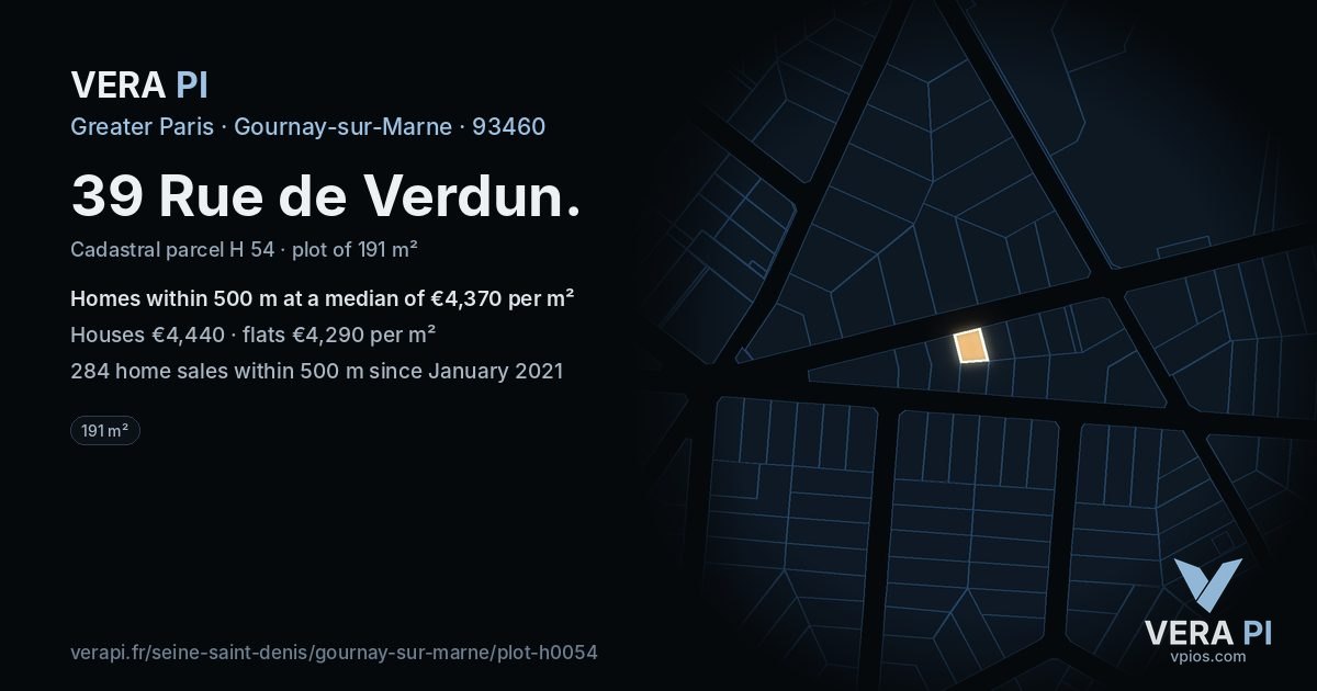 39 Rue de Verdun, Gournay-sur-Marne at night – the plot lit, the parcels around coloured by the prices near them