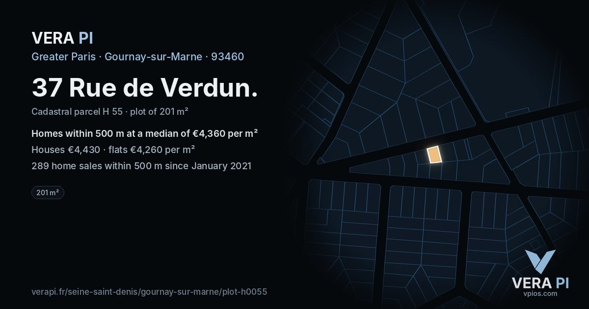 37 Rue de Verdun, Gournay-sur-Marne at night – the plot lit, the parcels around coloured by the prices near them