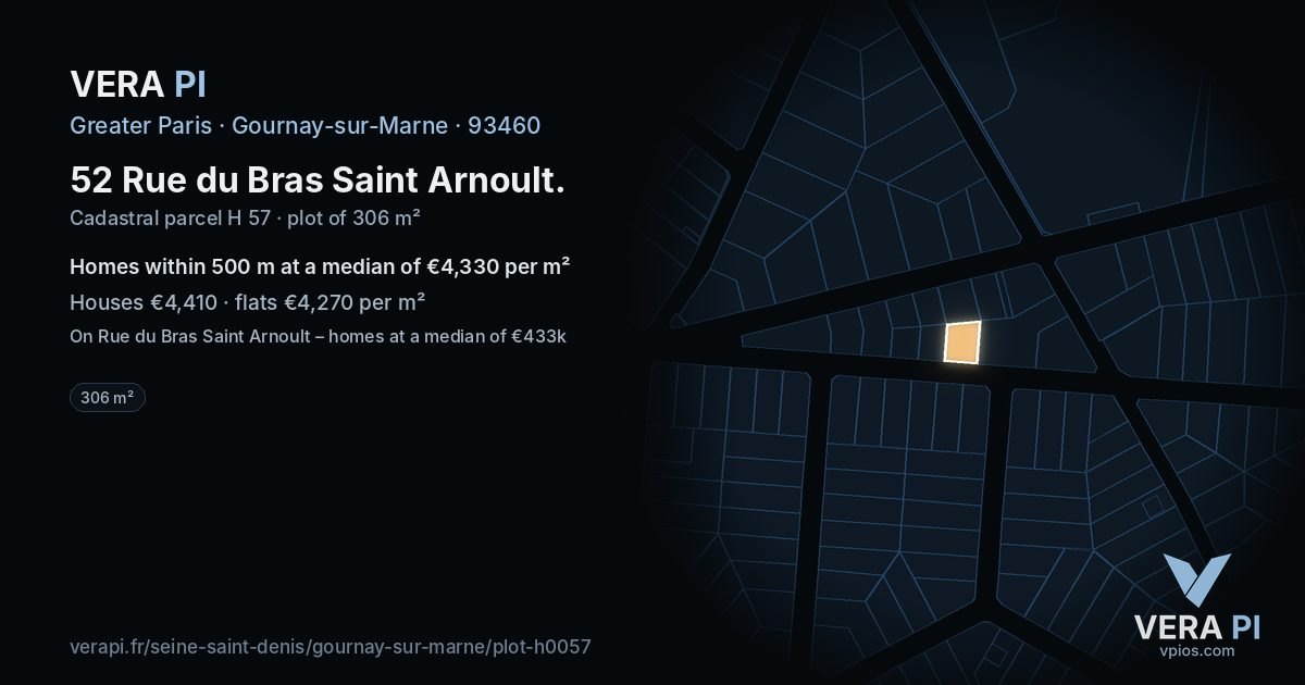 52 Rue du Bras Saint Arnoult, Gournay-sur-Marne at night – the plot lit, the parcels around coloured by the prices near them