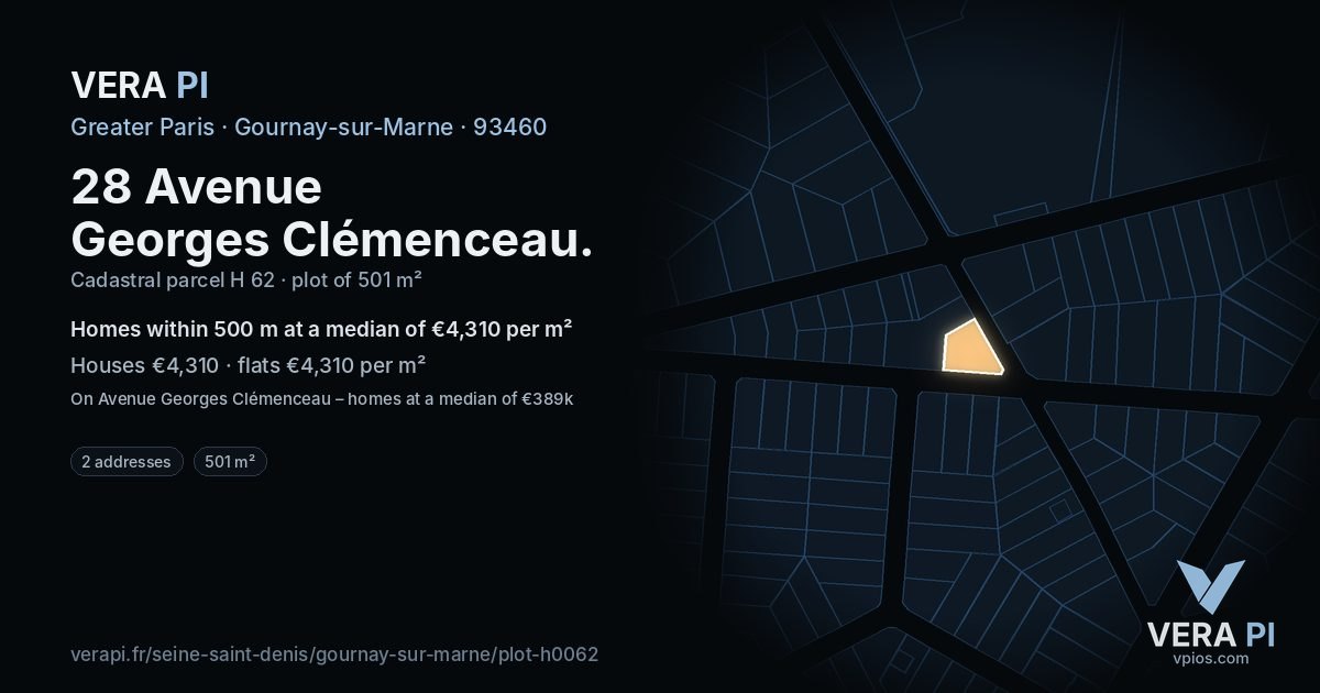 28 Avenue Georges Clémenceau, Gournay-sur-Marne at night – the plot lit, the parcels around coloured by the prices near them