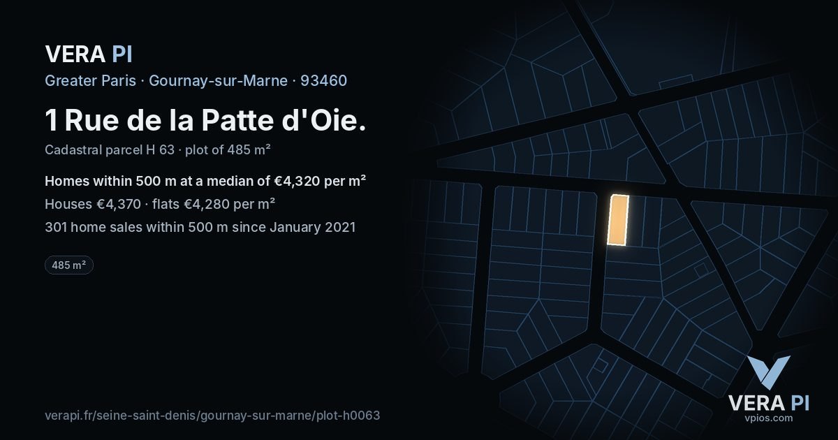 1 Rue de la Patte d'Oie, Gournay-sur-Marne at night – the plot lit, the parcels around coloured by the prices near them