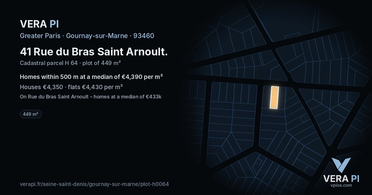 41 Rue du Bras Saint Arnoult, Gournay-sur-Marne at night – the plot lit, the parcels around coloured by the prices near them