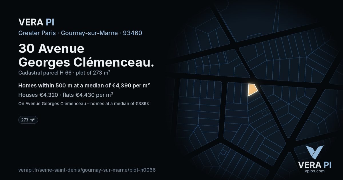 30 Avenue Georges Clémenceau, Gournay-sur-Marne at night – the plot lit, the parcels around coloured by the prices near them