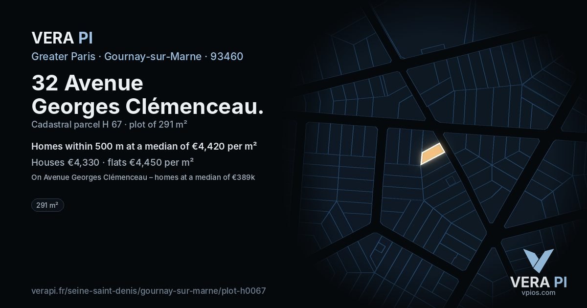 32 Avenue Georges Clémenceau, Gournay-sur-Marne at night – the plot lit, the parcels around coloured by the prices near them