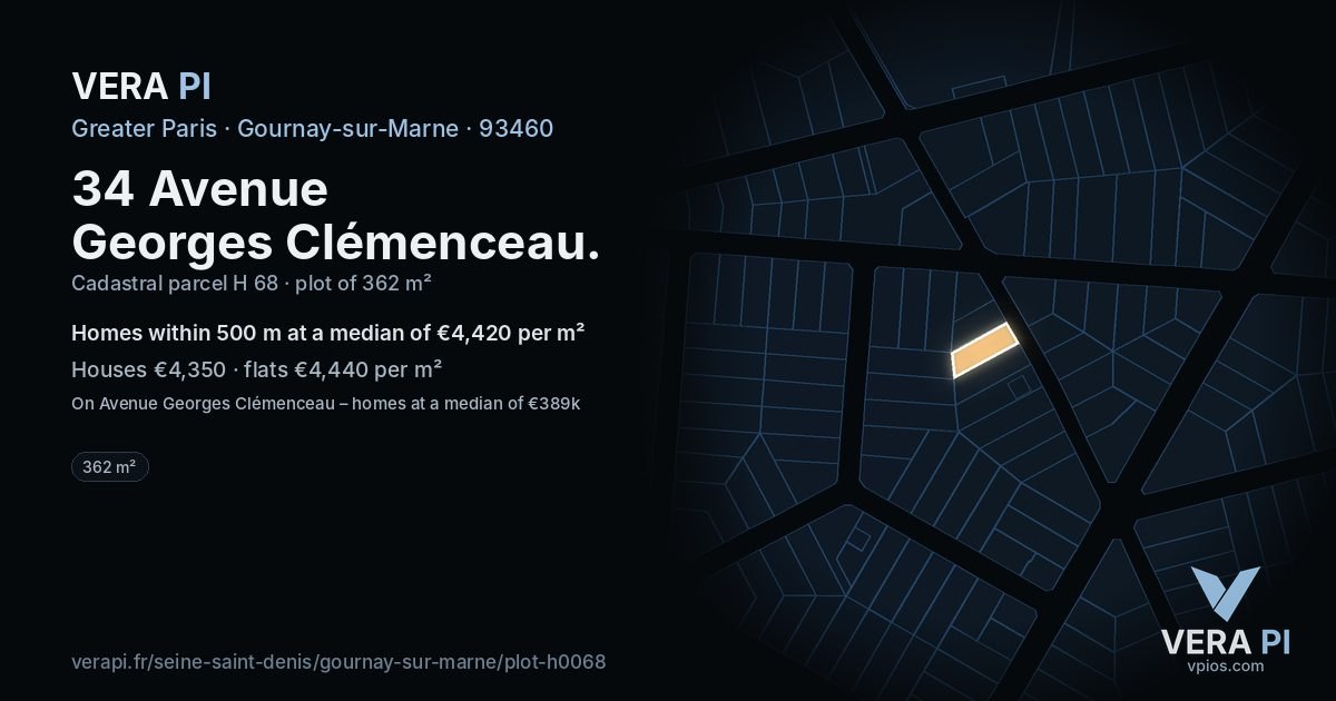 34 Avenue Georges Clémenceau, Gournay-sur-Marne at night – the plot lit, the parcels around coloured by the prices near them