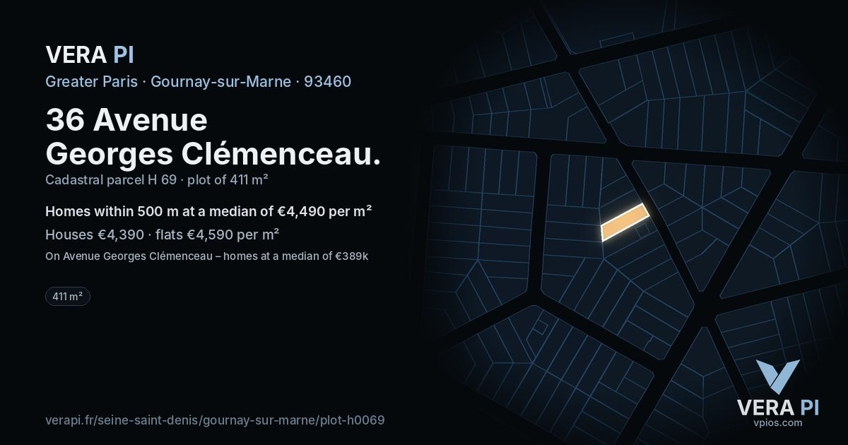 36 Avenue Georges Clémenceau, Gournay-sur-Marne at night – the plot lit, the parcels around coloured by the prices near them