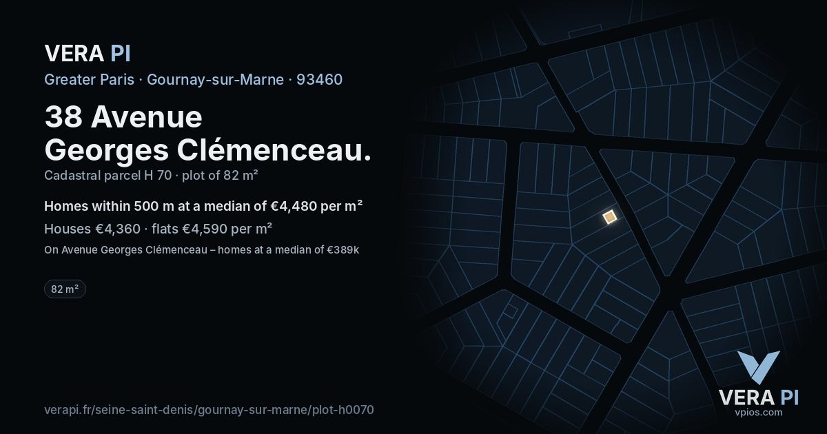 38 Avenue Georges Clémenceau, Gournay-sur-Marne at night – the plot lit, the parcels around coloured by the prices near them