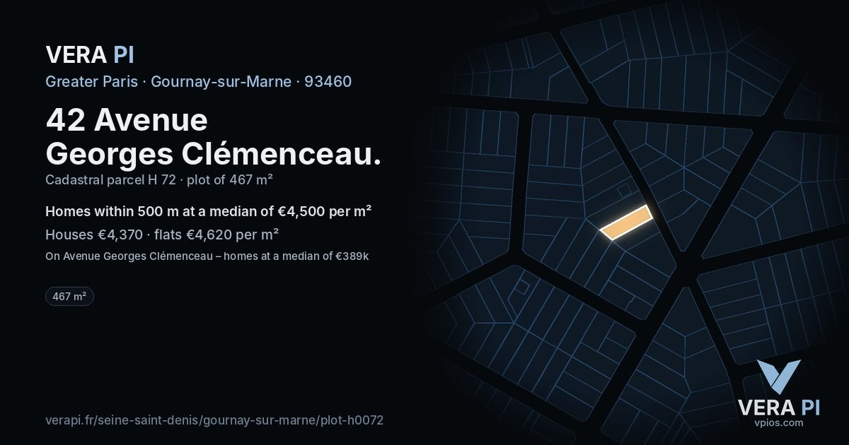 42 Avenue Georges Clémenceau, Gournay-sur-Marne at night – the plot lit, the parcels around coloured by the prices near them