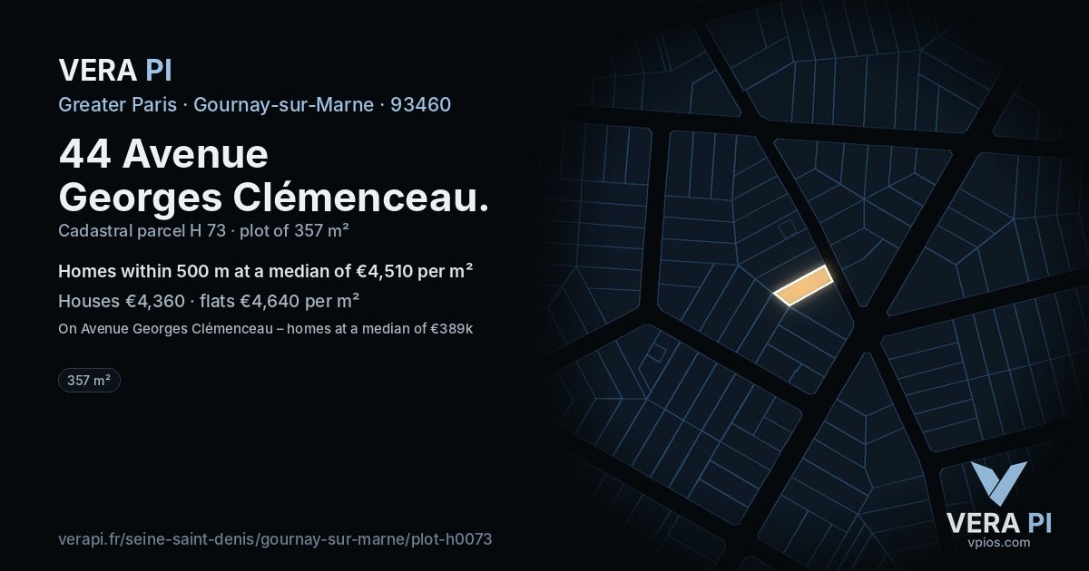 44 Avenue Georges Clémenceau, Gournay-sur-Marne at night – the plot lit, the parcels around coloured by the prices near them