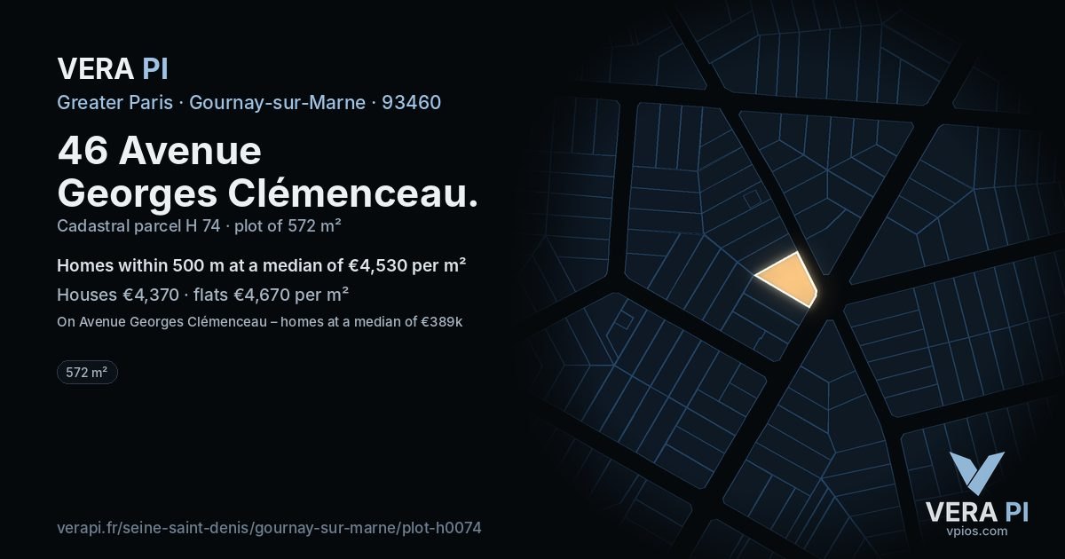 46 Avenue Georges Clémenceau, Gournay-sur-Marne at night – the plot lit, the parcels around coloured by the prices near them