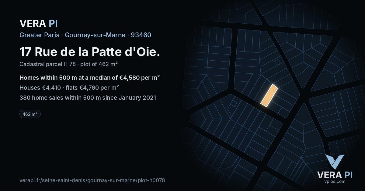 17 Rue de la Patte d'Oie, Gournay-sur-Marne at night – the plot lit, the parcels around coloured by the prices near them