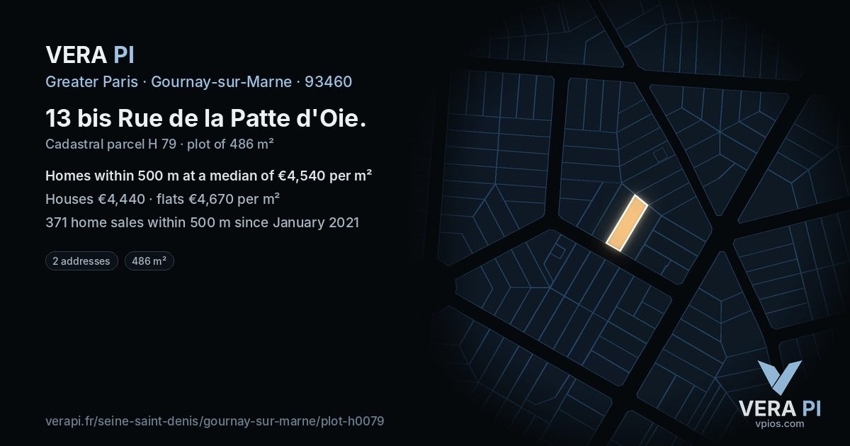 13 bis Rue de la Patte d'Oie, Gournay-sur-Marne at night – the plot lit, the parcels around coloured by the prices near them