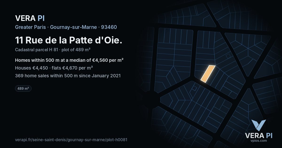 11 Rue de la Patte d'Oie, Gournay-sur-Marne at night – the plot lit, the parcels around coloured by the prices near them