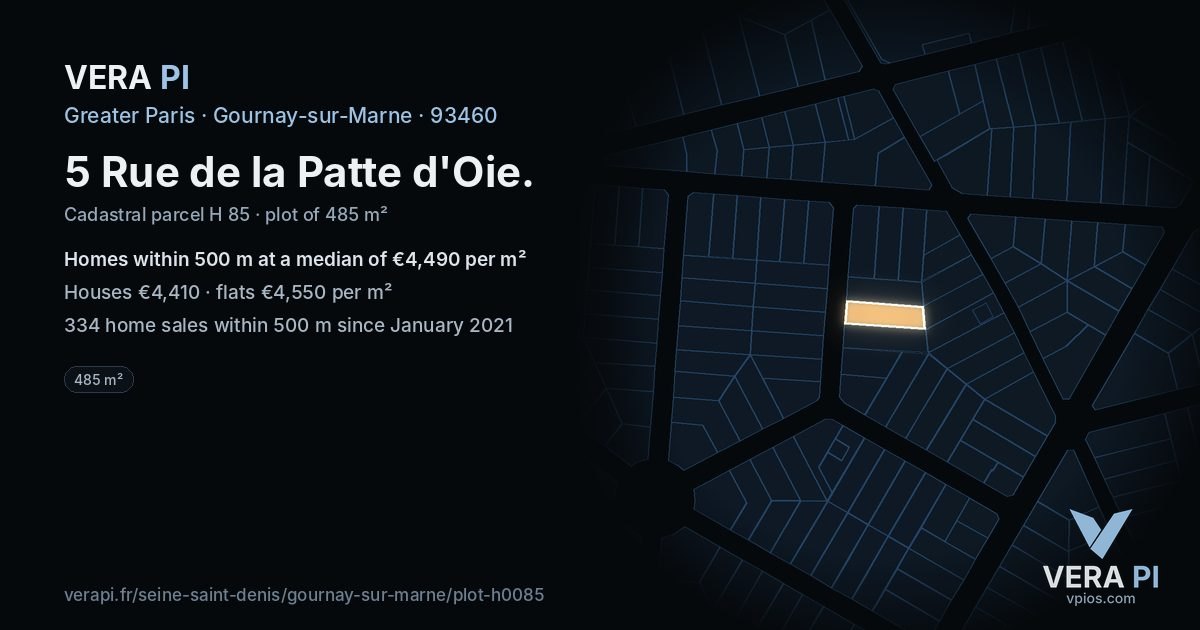 5 Rue de la Patte d'Oie, Gournay-sur-Marne at night – the plot lit, the parcels around coloured by the prices near them