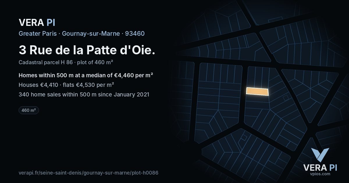3 Rue de la Patte d'Oie, Gournay-sur-Marne at night – the plot lit, the parcels around coloured by the prices near them