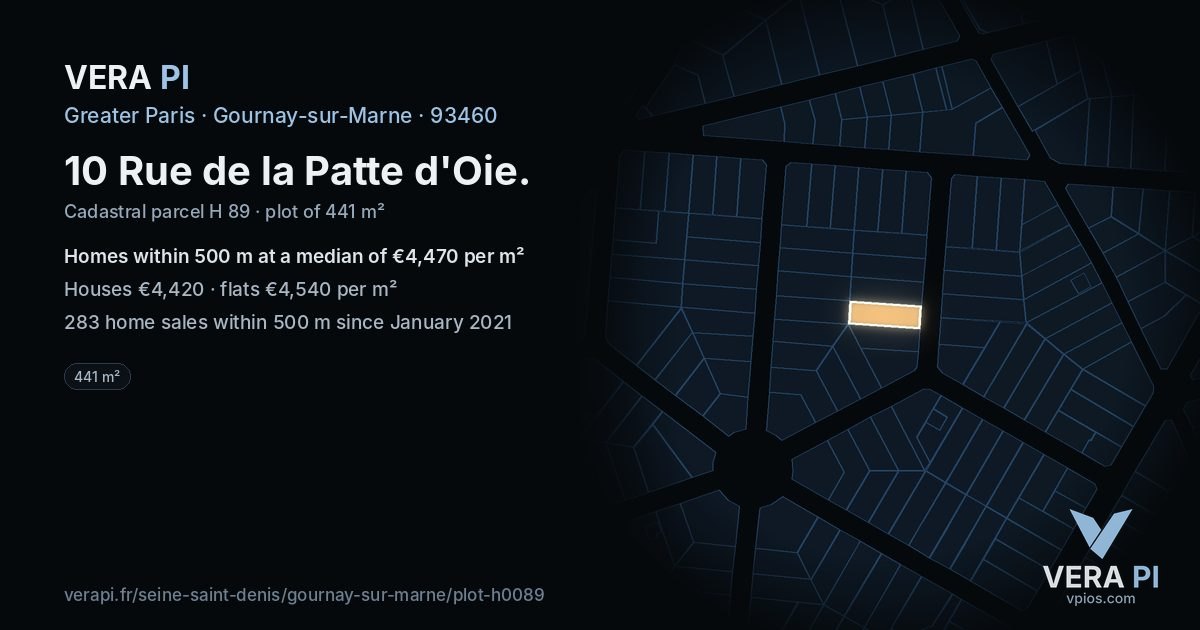 10 Rue de la Patte d'Oie, Gournay-sur-Marne at night – the plot lit, the parcels around coloured by the prices near them