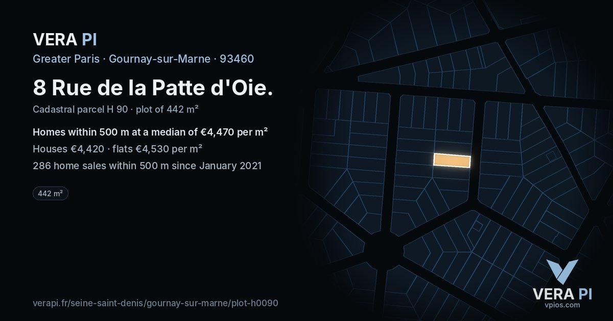 8 Rue de la Patte d'Oie, Gournay-sur-Marne at night – the plot lit, the parcels around coloured by the prices near them