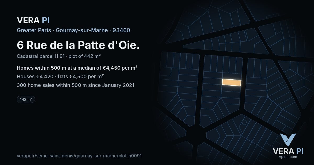 6 Rue de la Patte d'Oie, Gournay-sur-Marne at night – the plot lit, the parcels around coloured by the prices near them