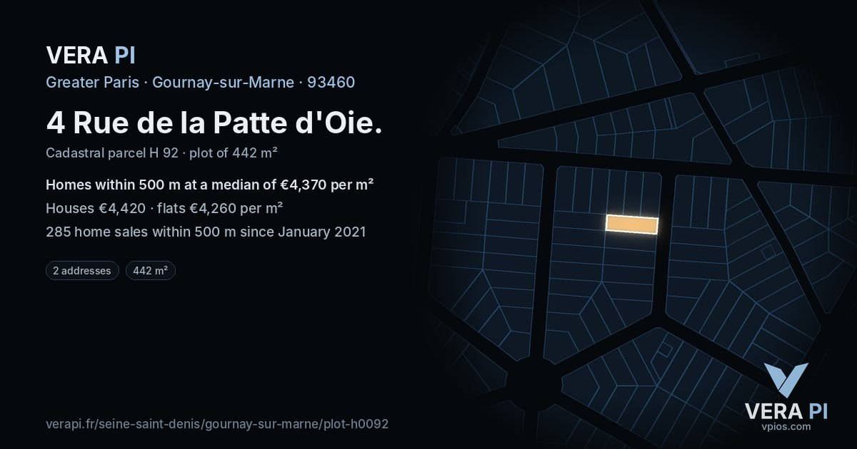 4 Rue de la Patte d'Oie, Gournay-sur-Marne at night – the plot lit, the parcels around coloured by the prices near them