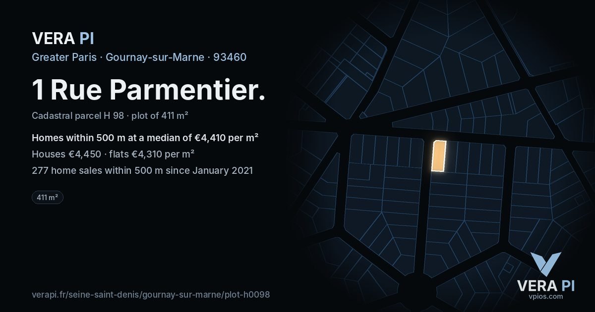 1 Rue Parmentier, Gournay-sur-Marne at night – the plot lit, the parcels around coloured by the prices near them