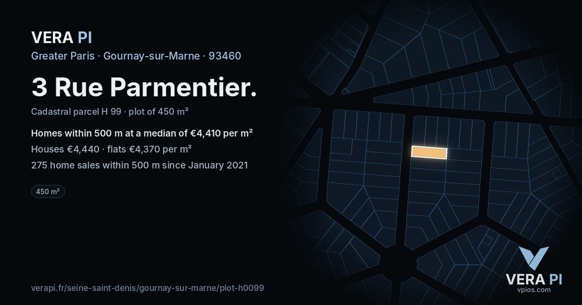 3 Rue Parmentier, Gournay-sur-Marne at night – the plot lit, the parcels around coloured by the prices near them
