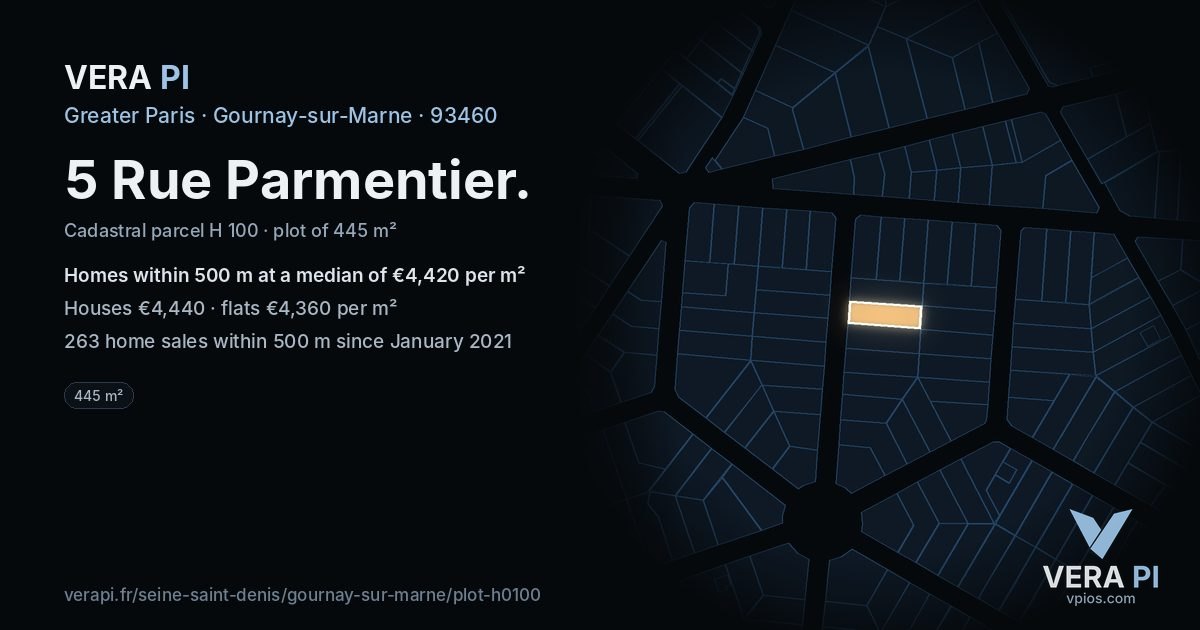 5 Rue Parmentier, Gournay-sur-Marne at night – the plot lit, the parcels around coloured by the prices near them