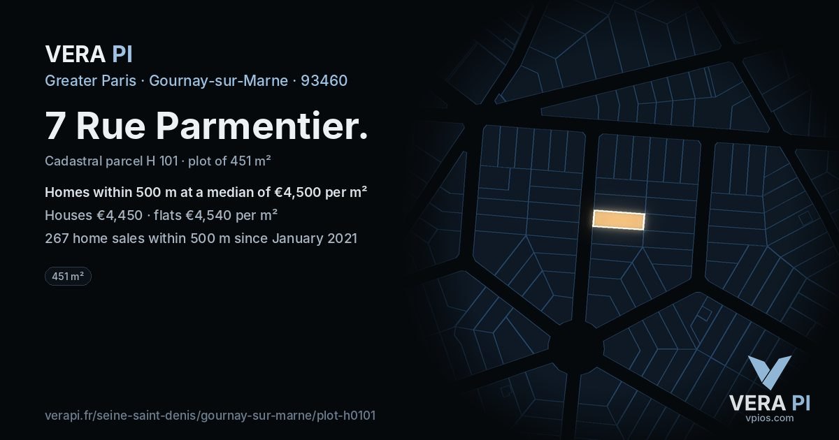 7 Rue Parmentier, Gournay-sur-Marne at night – the plot lit, the parcels around coloured by the prices near them